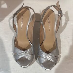 Antonio Melani Silver Slingback Heels with Peep-Toe